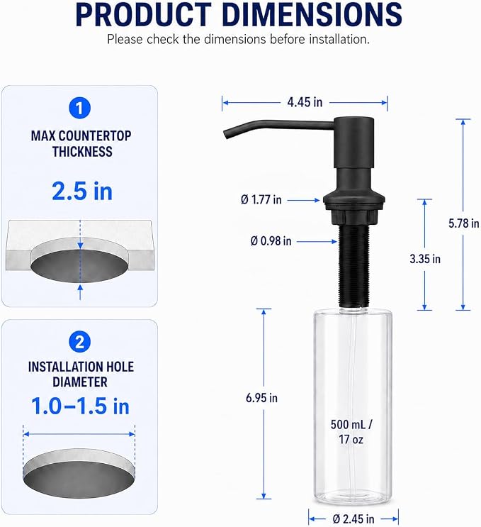 Soap Dispenser for Kitchen Sink, Built in Soap Dispenser Matte Black | - Image 6