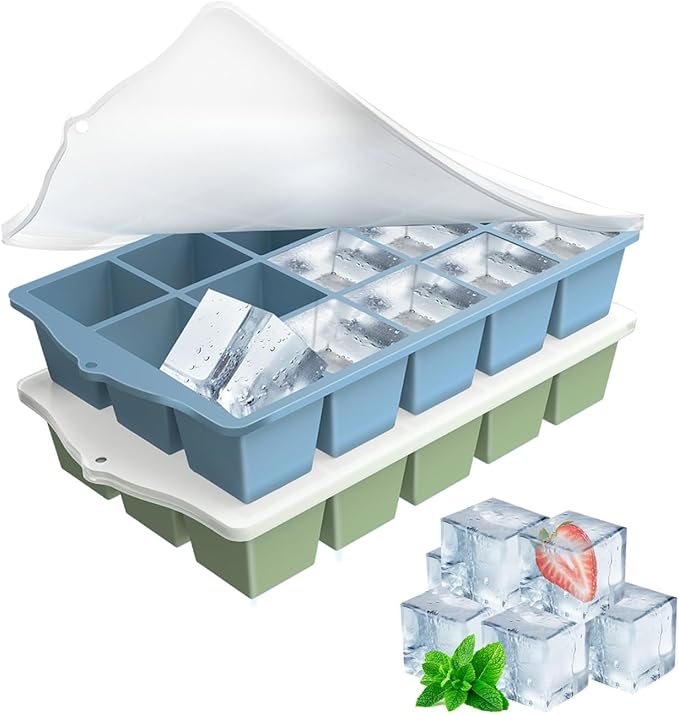 Silicone Ice Cube Tray, 2 Pack Easy-Release Stackable Ice Trays for Freezer with Lid 15 Reusable Cubes, Food Grade BPA Free Ice Molds for Whiskey, Baby Food, Coffee, Cocktail (Blue+Green)