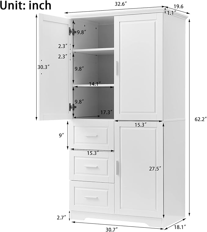 62.5" Storage Cabinet with Doors and Drawers, Kitchen Pantry Cupboard Shelf Organizers for Home, Bathroom and Living Room, Solid Wood Legs, Gray