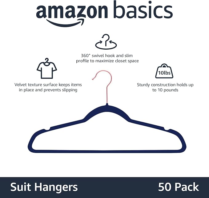 Amazon Basics Slim Velvet Non-Slip Space Saving Suit Clothes Hangers, Sturdy - Image 2