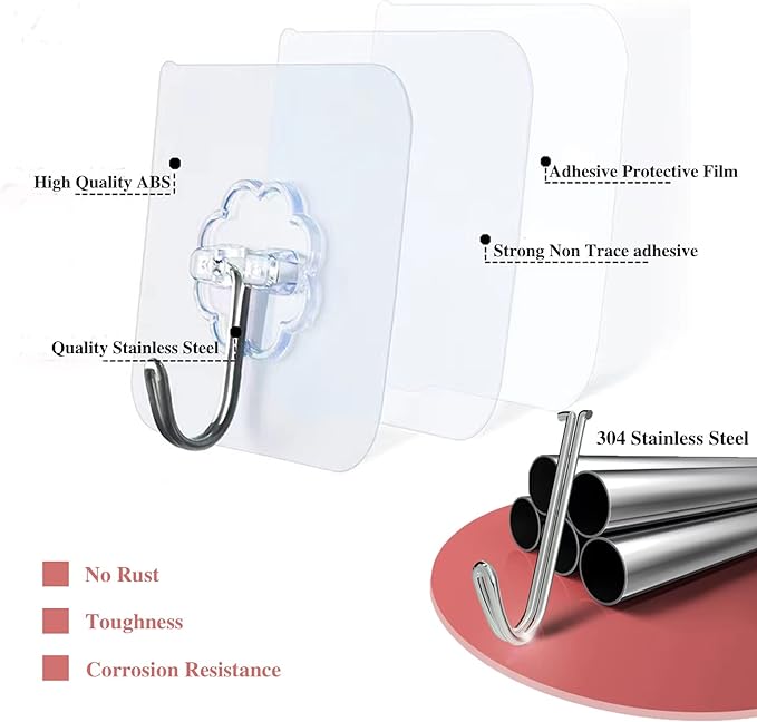 DDMY Adhesive Wall Hooks Heavy Duty 50LB Clear Hook 24 Pack - Image 4