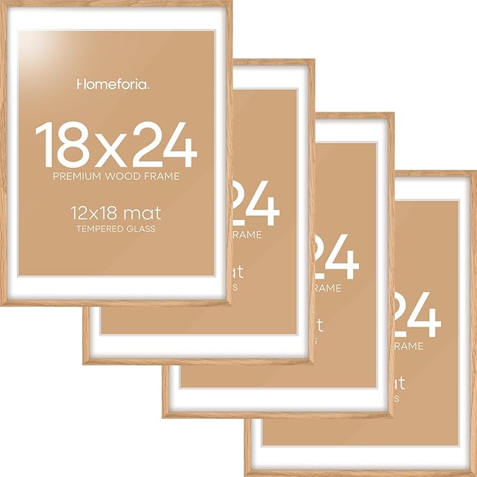 Homeforia 18x24 Poster Frame Wood, High End Natural Oak 18x24 Light Wooden Picture Frame with Mat 16x20, 18 by 24 Frames Matted to 16 x 20 Photo, 24by18 Thin Frames, Tempered Glass, Wall Kit, Set of 4