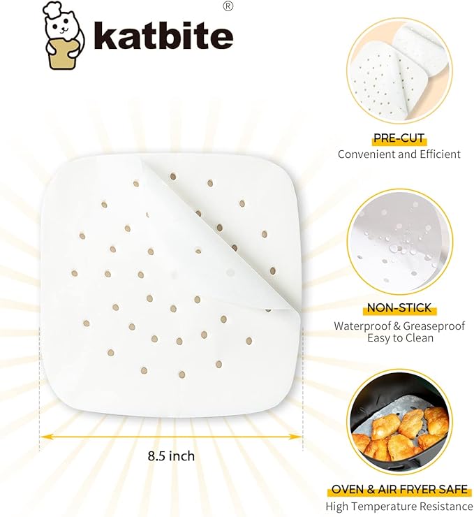 Katbite 8.5 Inch Air Fryer Parchment Paper Liners, 120Pcs Perforated Parchment Paper Sheets, Heavy Duty and Non-stick Squares for Air Fryer, Steaming Basket, Bamboo Steamer, Cake Pans
