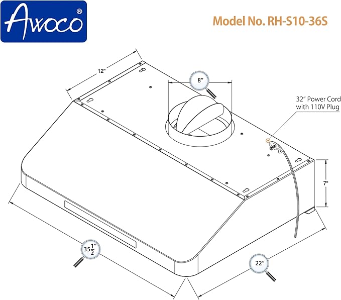 Awoco 36” Supreme 7” High Stainless Steel Under Cabinet Range Hood 4 Speeds, 8” Round Top Vent, 1000CFM 2 LED Lights, Remote Control & External Oil Collector (RH-S10-36S)