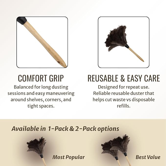 Ostrich Feather Duster with Wooden Handle 14" – Natural Reusable Feather Duster - Image 6