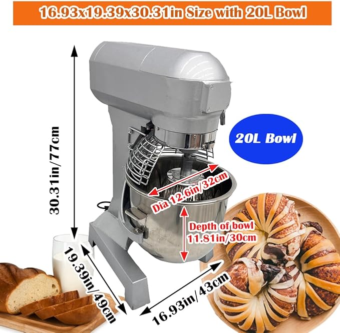 Commercial 3in1 Food Mixer 20L Dough Mixer 3 Speeds Adjustable, with SUS304 Bowl/Dough Hook/Whisk/Beater, Stand Electric Food Flour Mixing Kneading Machine