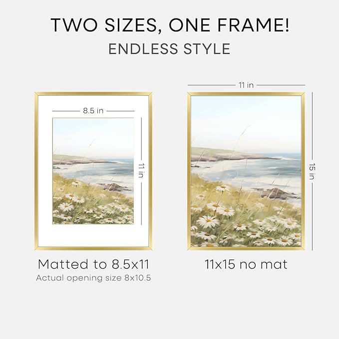 Homeforia 11x15 Picture Frame Gold, High End Metal 11x15 Poster Frames with Mat for 8.5x11, 11 x 15 Gold Frames Matted to 8.5 x 11 inch Photo, 11by15 Hanging Frames, Tempered Glass, Wall Kit, Set of 3