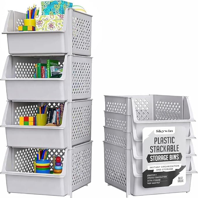 TidyFriend Stackable Storage Bins for Pantry, 4 Pack Stackable Bins For Organizing Food, Kitchen, and Bathroom Essentials (Light Grey)