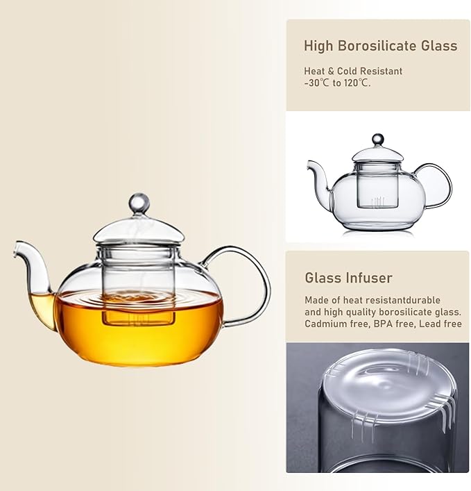 1000ml(33.8oz) Borosilicate Glass Teapot with Removable Glass Infuser, Stovetop Safe Large Tea Kettle for Blooming and Loose Leaf Tea