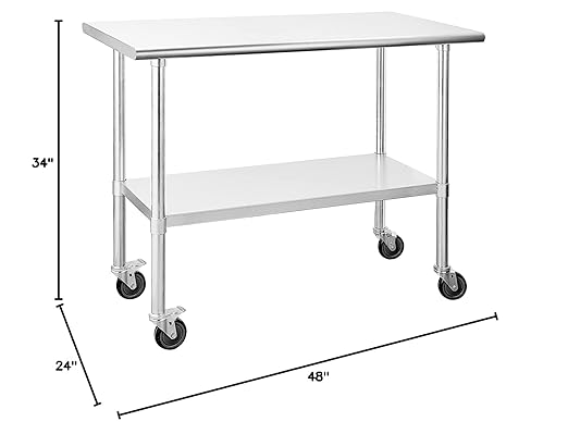 Stainless Steel Work Table with Wheels, 24x48 Inch NSF Kitchen Prep Table with Adjustable Undershelf for Commercial Restaurant, Garage, Outdoor BBQ