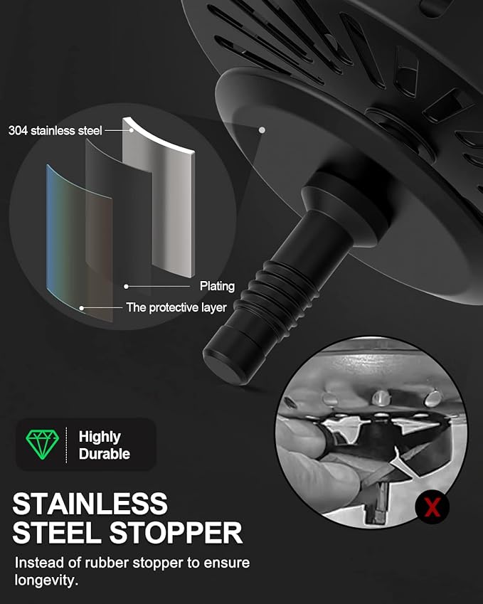 BOTEMY B9171 Black Kitchen Sink Drain Kit 3 1/2 Strainer With Stainless Steel Stopper Assembly Basket Fit Standard Drain Hole