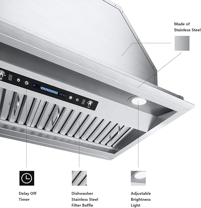 IKTCH 42 inch Built-in/Insert Range Hood 900 CFM, Ducted/Ductless Convertible Duct, Stainless Steel Kitchen Vent Hood with 2 Pcs Adjustable Lights and 3 Pcs Baffle Filters with Handlebar