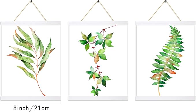3 Pack Magnetic Poster Hanger Frame White, 8x10 8x12 8x16 Poster Frame Wood Wooden Magnet Print Posters Dowel Scroll Hanger Hangers Hanging Kit for Walls Map Canvas Artwork