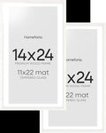 Homeforia 14x24 White Picture Frame, High End Oak 14x24 White Wooden Poster Frames with Mat 11x22 for Print, 14 x 24 Wood Frame Matted to 11 x 22 Photo, 24x14 Frame, Tempered Glass, Wall Kit, Set of 2