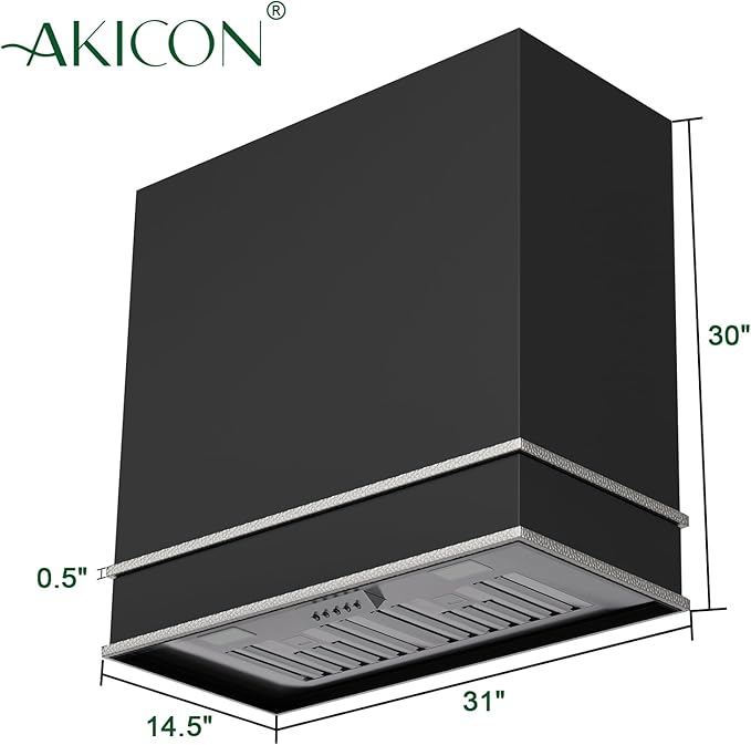 Akicon Range Hood 30 Inch, Stainless Steel Ducted Kitchen Hood with Powerful Motor, Wall Mount Modern Box, 30W X 30H X 14D Inch, AK-HS30HA-JBN (30 Inch, Jet Black with Nickel)