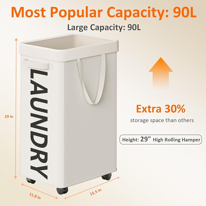 Optish 90L Laundry Basket with Wheels, Rolling Hamper with Removable Bag - Image 2