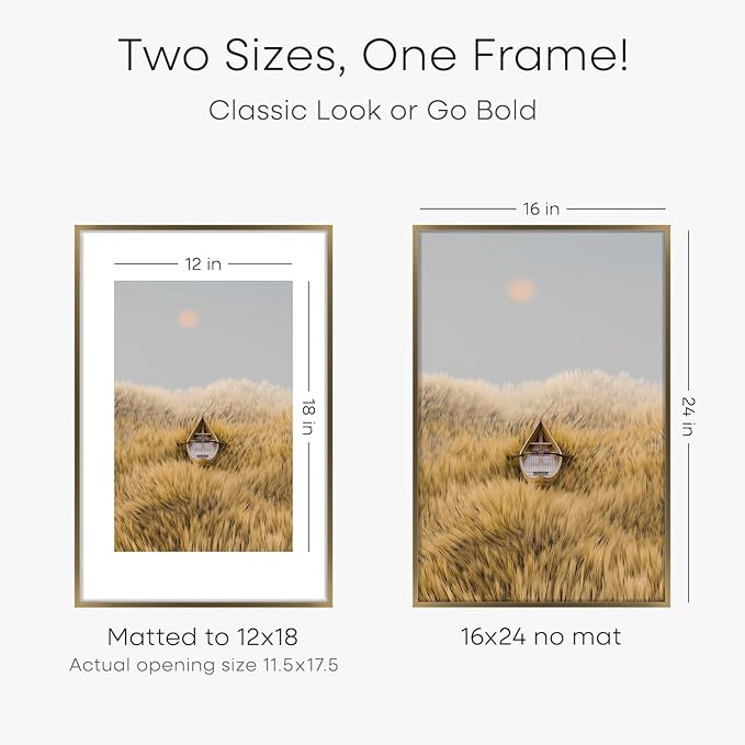 Homeforia 16 x 24 Bronze Frame, High End Metal 16x24 Brass Picture Frames with Mat 12x18 Photo, 16 x 24 Poster Frames Matted to 12 by 18 Print, 24x16 Hanging Frames, Tempered Glass, Wall Kit, Set of 1