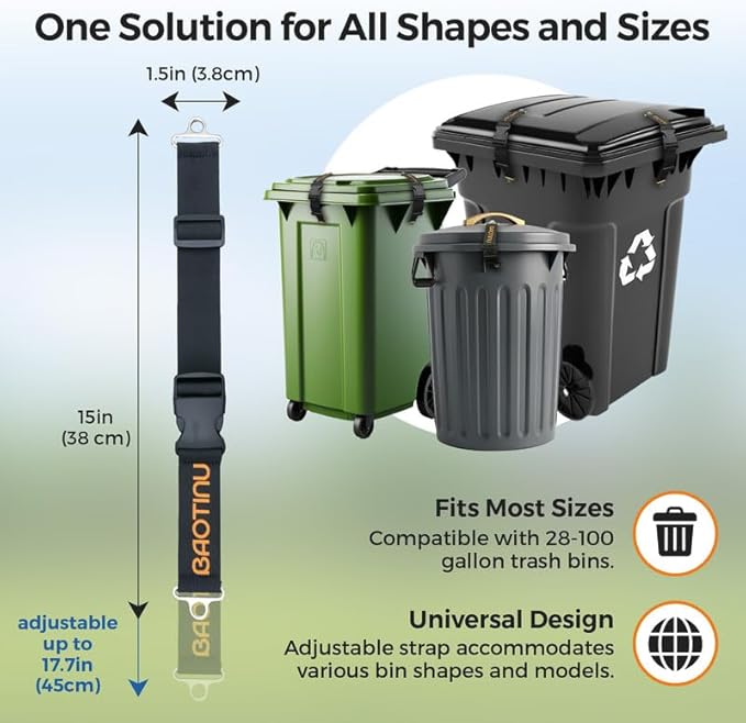 Trash Can Lock for Animals, 4PCS Adjustable Straps Garbage Can Locks for 28-100 Gallon Outdoor Bins, Bear Proof Trash Can Lock with Anti-Rust Metal Buckle, One-Hand Release Lid Locking Design