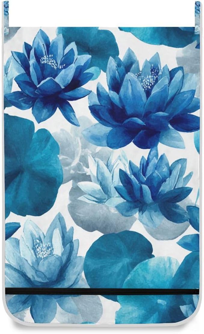Ink Blue Lotus Flower Hanging Laundry Hamper Door Hampers Bag Basket - Image 2