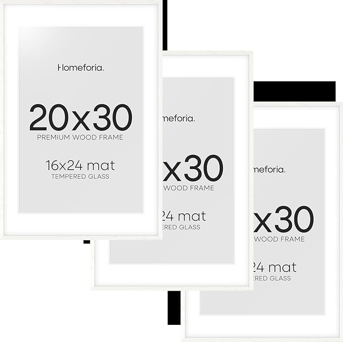 Homeforia White 20 x 30 Frame, High End Oak 20 x 30 White Wood Poster Frames with Mat 16 by 24 Photo, 20x30 Wooden Picture Frame Matted to 16x24, 30x20 Large Frames, Tempered Glass, Wall Kit, Set of 3