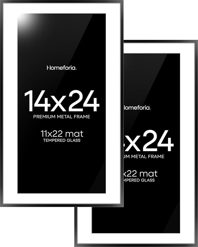 Homeforia 14x24 Picture Frame Black, High End Metal 14x24 Poster Frames with Mat 11x22 for Photo, 14 x 24 Black Frame Matted to 11 x 22 inch Print, 24x14 Thin Frame, Tempered Glass, Wall Kit, Set of 2