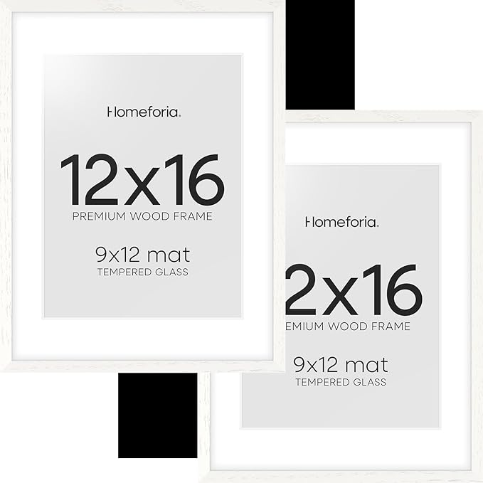 Homeforia 12x16 White Picture Frame, High End Oak 12x16 Wood Poster Frames with Mat 9x12 Print, 12 x 16 White Wooden Frame Matted to 9 by 12 Photo, 16x12 Thin Frame, Tempered Glass, Wall Kit, Set of 2