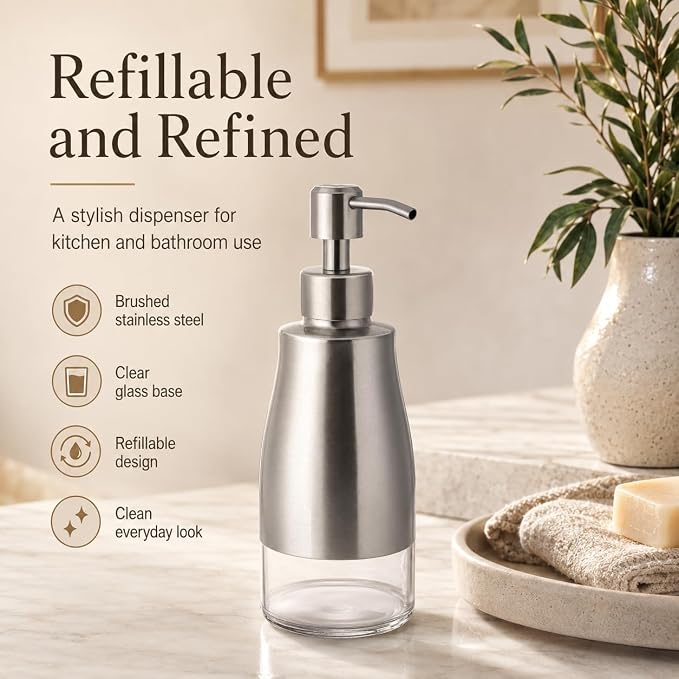 Non-Slip Soap Dispenser with Brushed Nickel Stainless Steel Case, Glass Liner - Image 2