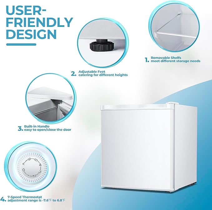 1.1 Cu.ft Small Freezer, Mini Upright Freezer with 7 Adjustable Thermostat, Removable Shelves, Reversible Single Door, for Bedroom/Home/Dorms/Apartment (White)