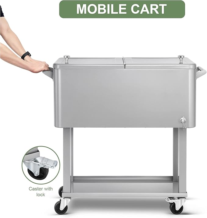 EDOSTORY 80 Quart Rolling Ice Chest Cooler Cart,Patio Backyard Party Drink Beverage Bar Stand Up Cooler Trolley with Ice Scoop