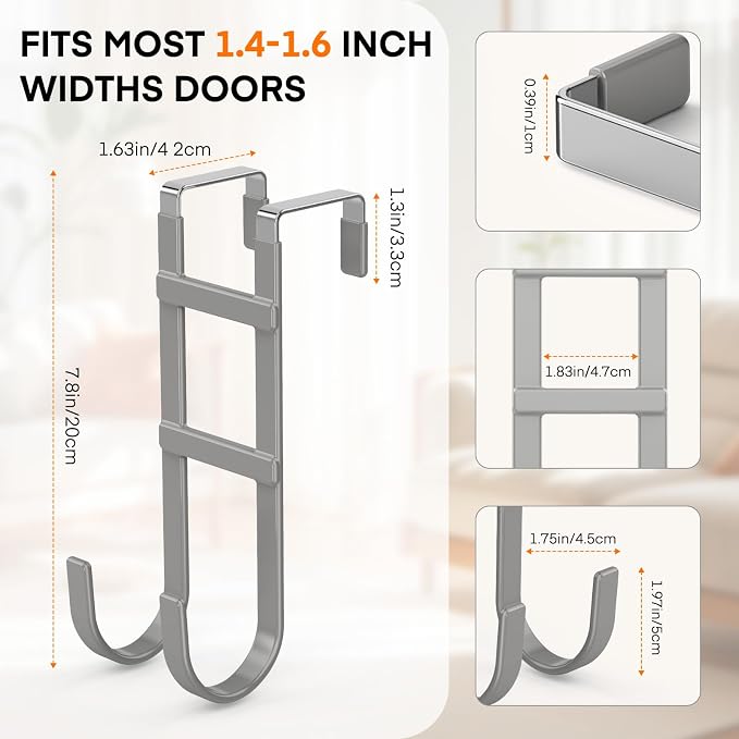 FYY Over the Door Hooks, Double-Hanger 2 Pack, Fits Doors 1.6" Grey | Heavy - Image 2