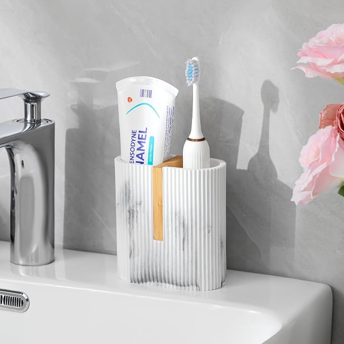 Toothbrush Holders for Bathroom, Bamboo Toothbrush Stand, Marble White | - Image 3
