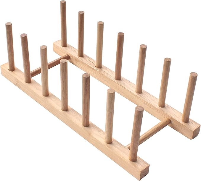 Set of 2 Bamboo Wooden Dish Rack Plate Rack Stand Pot Lid Holder Kitchen Cabinet Organizer