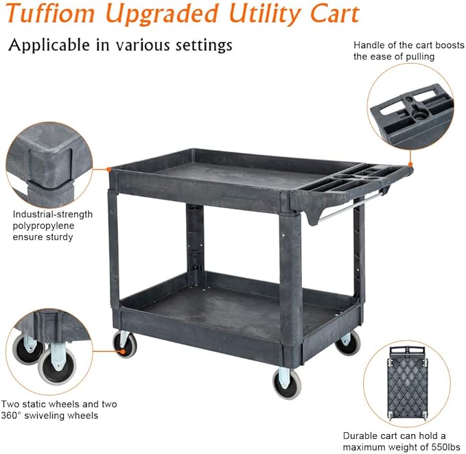 TUFFIOM Plastic Service Utility Cart with Wheels, 550lbs Capacity, Heavy Duty Tub W/Deep Shelves, Multipurpose Rolling Extra Large 2-Tier Mobile Storage Organizer, Warehouse Garage Industrial Cart