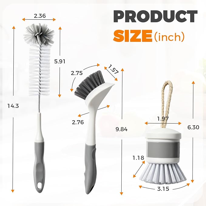 3 Pack Kitchen Cleaning Brush Set, Dish Brush, Extra Long 14.3 inch Bottle - Image 5