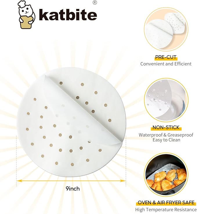 Katbite 9 Inch Air Fryer Liners, 120 Non-Stick Perforated Parchment Papers for Air Fryer, Bamboo Steamer Liners