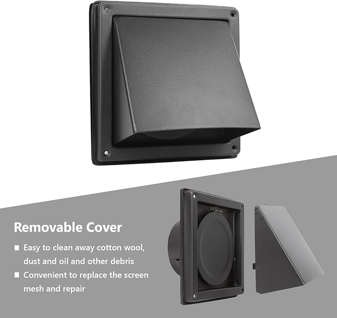 6 Inch Black Dryer Vent Cover Outside Stainless Steel Wall Vent with Removable Cover and Bird Screen Mesh RAL9011