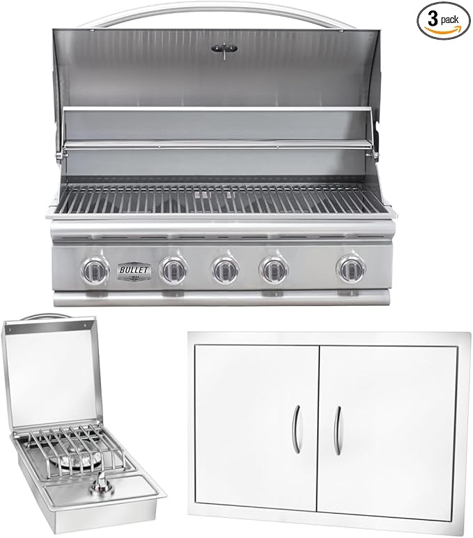 Bullet by Bull Stainless Steel Outdoor Kitchen Set - Built-In Liquid Propane Grill, Perfect for Entertaining -BBQ Kitchen Isl& Bundle - Includes 5 Burner Grill, Double Access Door & Side Burner