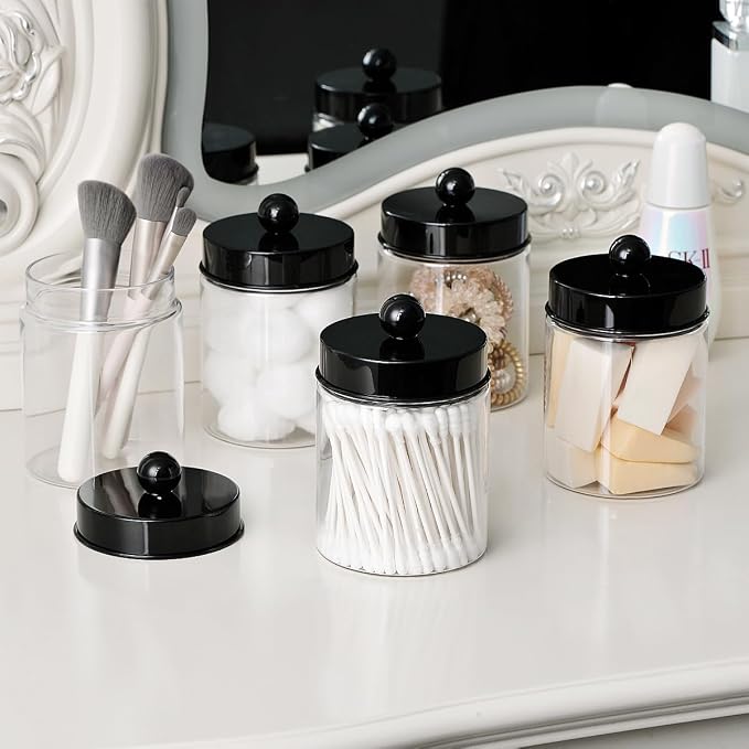 Amolliar Acrylic Apothecary Jar Bathroom Qtip Holder Black 2 Pack - Image 4