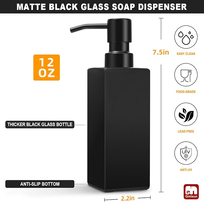 GMISUN Black Soap Dispenser Bathroom, Glass Hand Soap Dispenser - Image 2