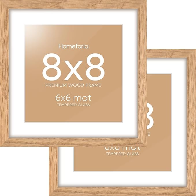 Homeforia 8x8 Picture Frames Wood, High-End Natural Oak 8 x 8 Square Frames with Mat 6 by 6 inch Photo, 8by8 Light Wooden Frames Matted to 6x6 Print, Tabletop Frame, Tempered Glass, Wall Kit, Set of 2