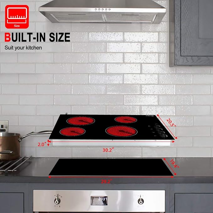 GASLAND Chef 30 Inch Electric Cooktop 4 Burners, Electric Ceramic Cooktop CH77BS, 7 Power Levels, Built-in Radiant Electric Stovetop, Mechanical Knob Control, Hot Surface Indicator, Hardwired, 240V