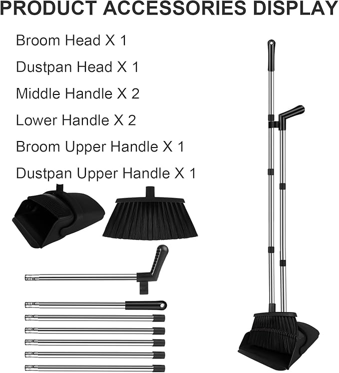 Black Broom and Dustpan Combo Set, Built-in Comb Dustpan, Space-Saving Storage - Image 6