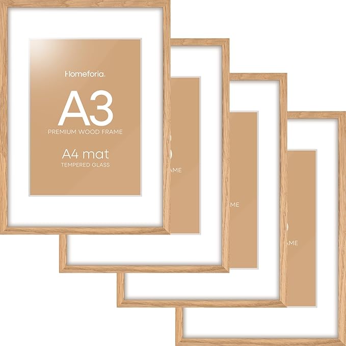 Homeforia A3 Picture Frame Wood, High-End Natural Oak 11.7 x 16.5 Wooden Poster Frames Matted to 8.3 by 11.7 Photo, A3 Size Light Wooden Frame with Mat A4 for Print, Tempered Glass, Wall Kit, Set of 4