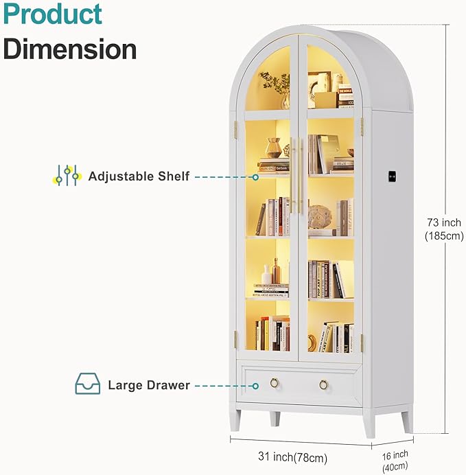 Lvifur 73" Tall Arched Display Cabinet with Glass Doors,4-Tier Curio Cabinets with 3 Color Lights for Collectibles,LED Storage Cabinet with Human Body Sensor,Ajustable Shelf for Toys, Books,White