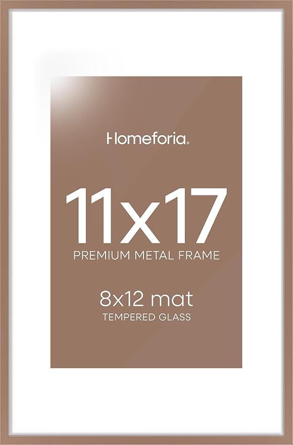 Homeforia 11 x 17 Picture Frame Mocha, High End Metal 11x17 Poster Frames with Mat 8x12 for Photo, 11 x 17 Mocha Frame Matted to 8 x 12 inch Print, 17x11 Thin Frame, Tempered Glass, Wall Kit, Set of 1