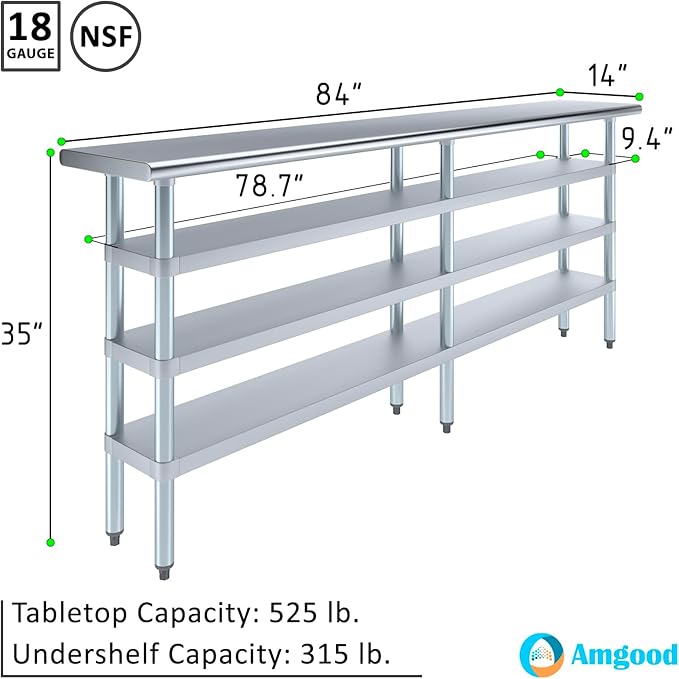 14 in. x 84 in. Stainless Steel Work Table with Three Bottom Shelves | NSF Kitchen Prep Table | Utitly Metal Table