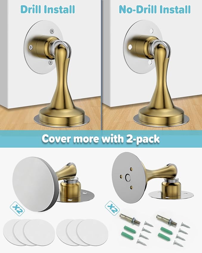Door Stoppers for Bottom of Door Magnetic Door Catch 2 Pack Gold Wall Mount | - Image 4