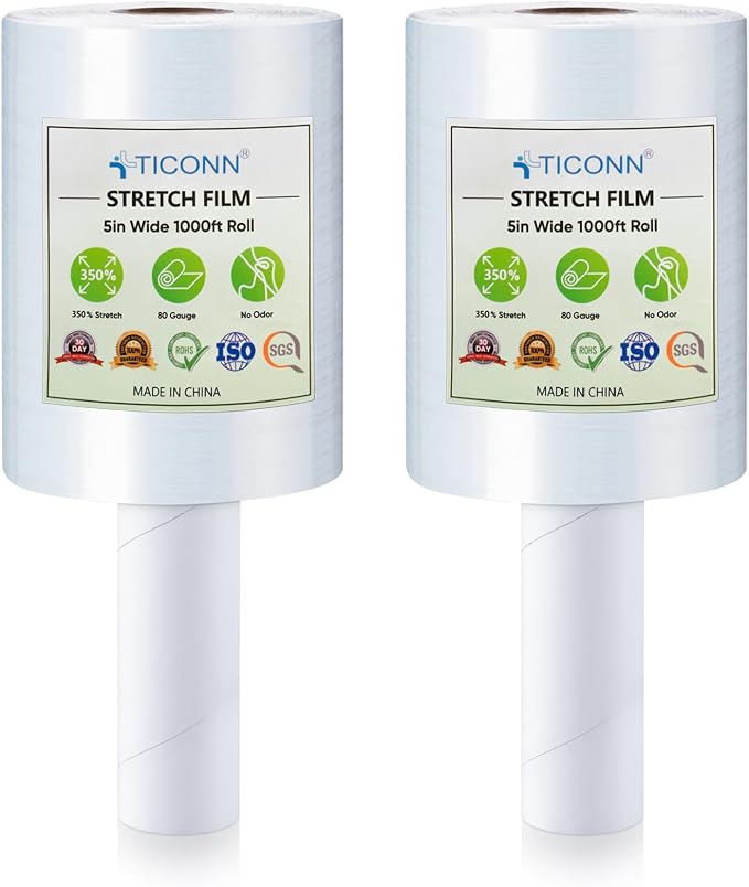 TICONN 2Pk Stretch Wrap Stretch Film Roll, 1000ft Industrial Strength 5 inch by TICONN