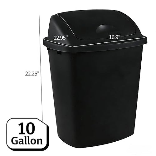 10 Gallon Plastic Garbage Bin with Lid, Swing Top Waste Container, Kitchen Trash Can with Swing Lid, Black, 4 Packs