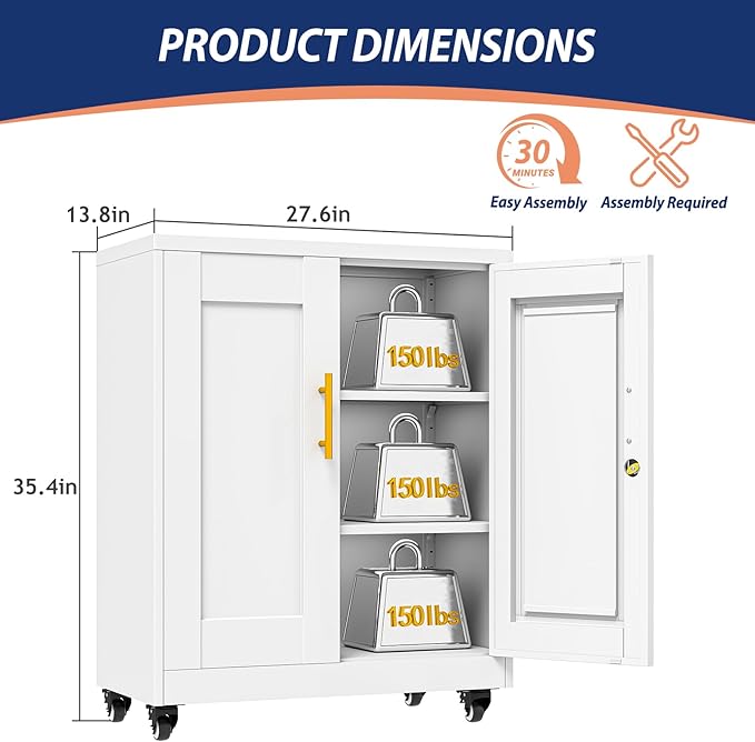Metal Storage Cabinet-35” Tall Steel File Cabinets with Lockable Doors and Adjustable Shelves, Steel Tool Cabinet with Wheel for Home, School, Office, Garage White